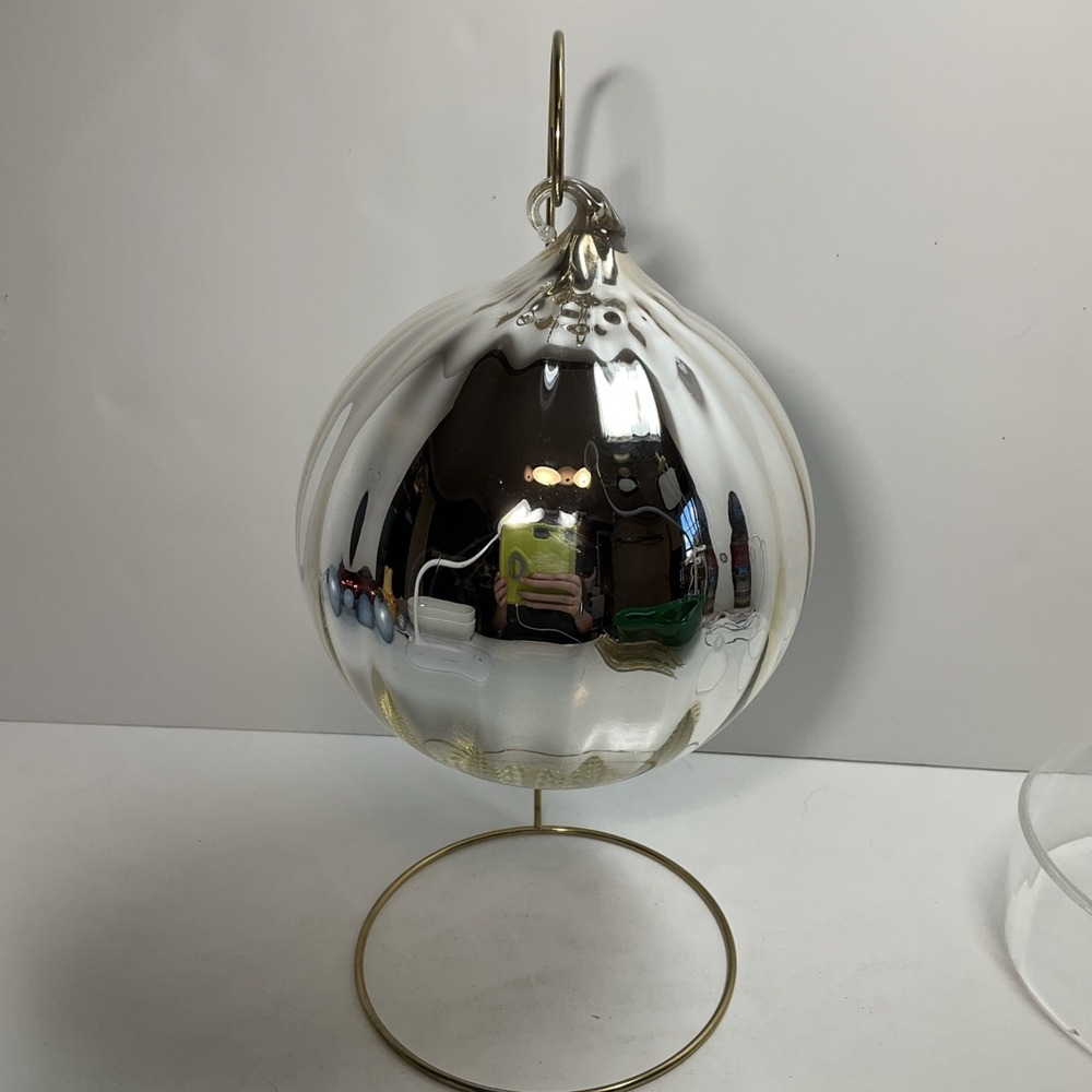 Large 6 in. Dia.‎ Hand blown Ribbed silver Gazing, Sun Catcher, Witch, Ornament